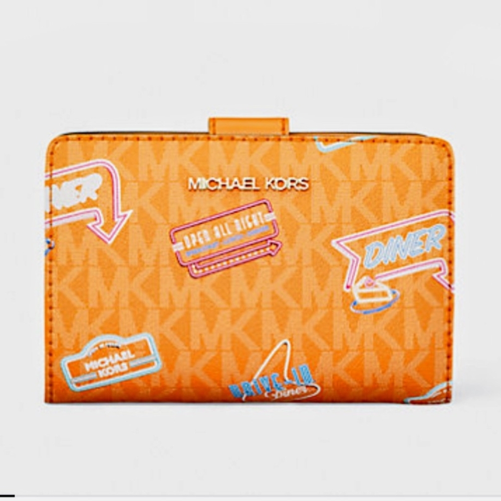 🆕 MICHAEL KORS Jet Set Bi-Fold Logo Wallet Pop Orange